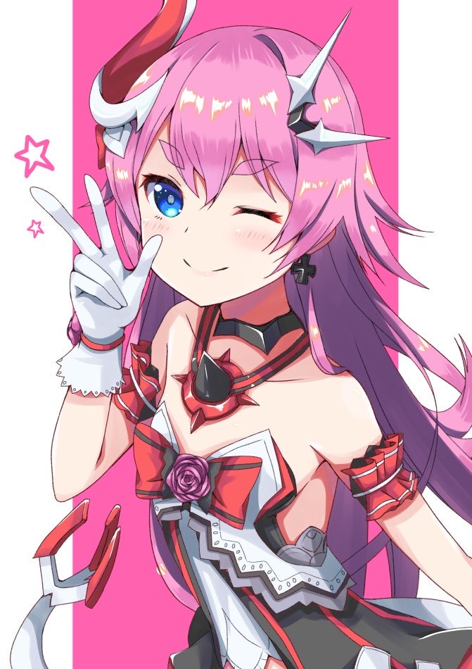 1girl ;) akiyasu bangs bare_shoulders blush closed_mouth collarbone dress eyebrows_visible_through_hair gloves hair_between_eyes hand_up honkai_(series) honkai_impact_3rd horn long_hair one_eye_closed pink_background pink_hair rozaliya_olenyeva short_eyebrows smile solo star strapless strapless_dress tail thick_eyebrows two-tone_background very_long_hair w white_background white_dress white_gloves