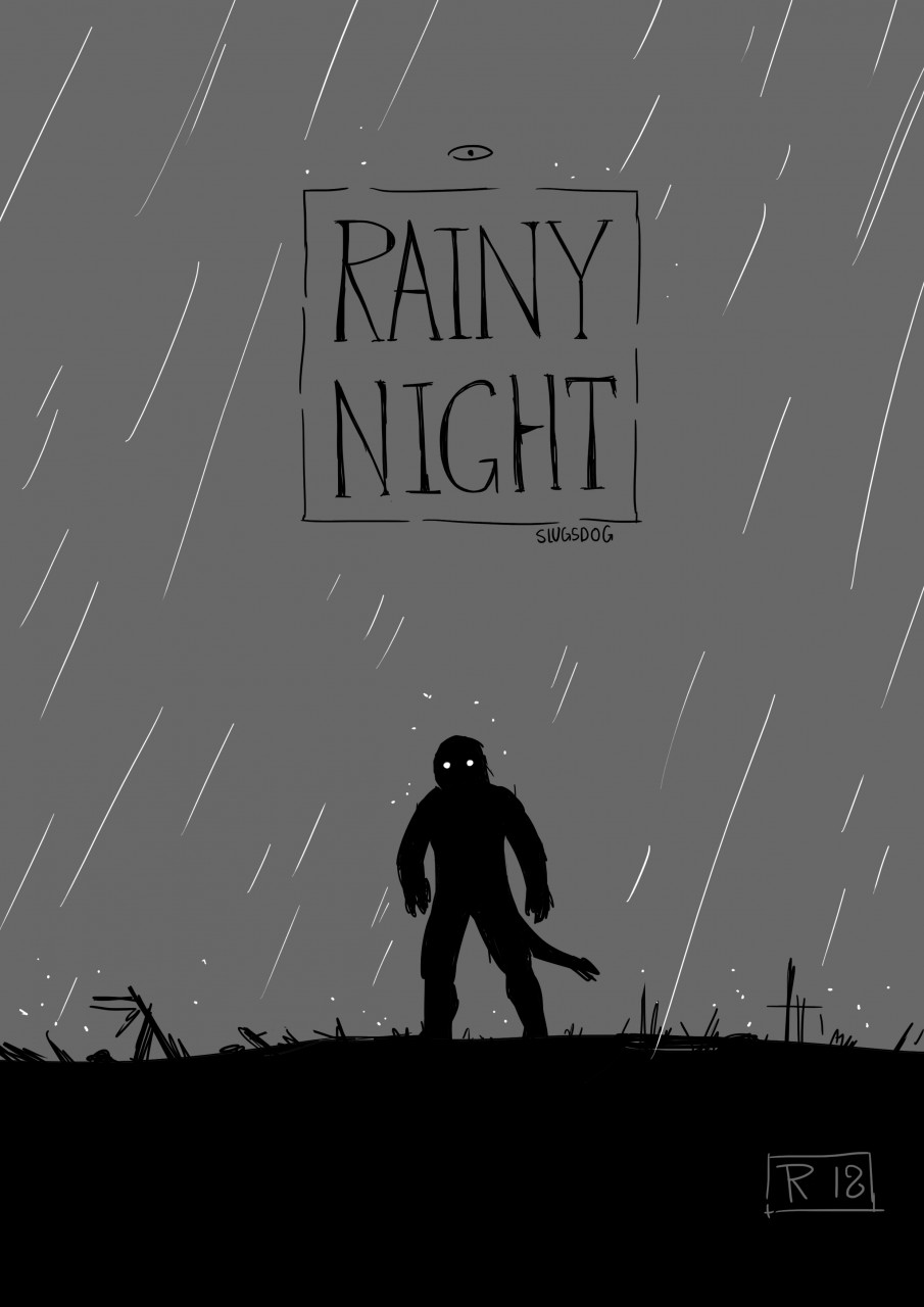 ambiguous_gender anthro biped comic cover cover_page english_text hi_res monochrome outside raining signature silhouette slugsdog solo text unknown_species