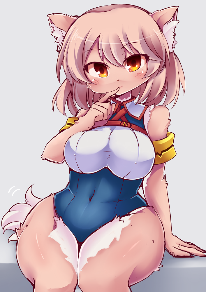 1girl animal_ear_fluff animal_ears bangs blush breasts brown_fur commentary_request covered_navel finger_to_mouth furry large_breasts looking_at_viewer medium_hair orange_eyes original simple_background sitting smile solo tail tail_wagging tatuyayosi thighs two-tone_fur white_fur