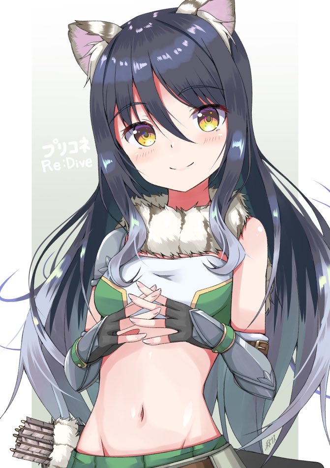 1girl akiyasu animal_ear_fluff animal_ears arrow bandeau bangs bare_shoulders black_gloves black_hair blush breasts brown_eyes closed_mouth copyright_name eyebrows_visible_through_hair fingerless_gloves fur_collar gloves green_skirt grey_hair groin hair_between_eyes interlocked_fingers kashiwazaki_shiori long_hair looking_at_viewer medium_breasts midriff multicolored_hair nail_polish navel pink_nails pleated_skirt princess_connect! princess_connect!_re:dive quiver skirt smile solo tiger_ears two-tone_hair vambraces very_long_hair