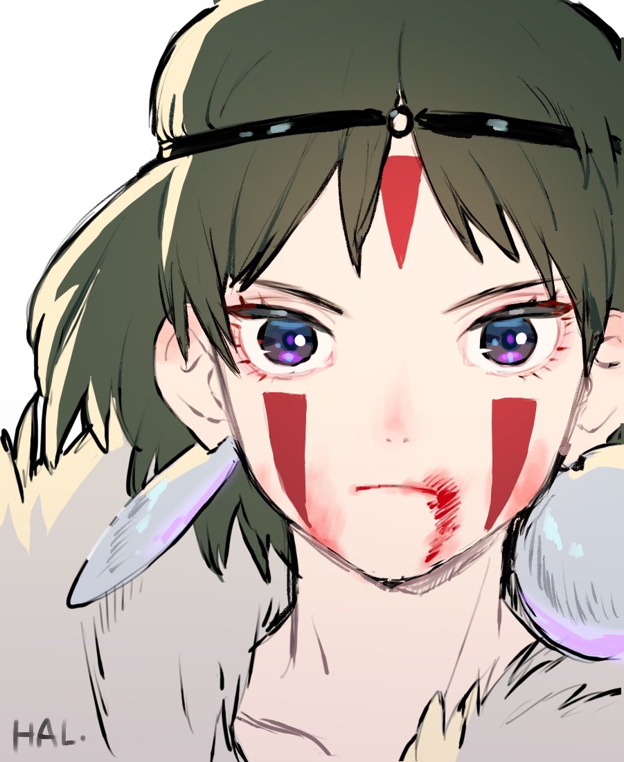 1girl brown_hair closed_mouth earrings facepaint facial_mark fur headband honoboooono jewelry looking_at_viewer mononoke_hime san short_hair simple_background solo white_background