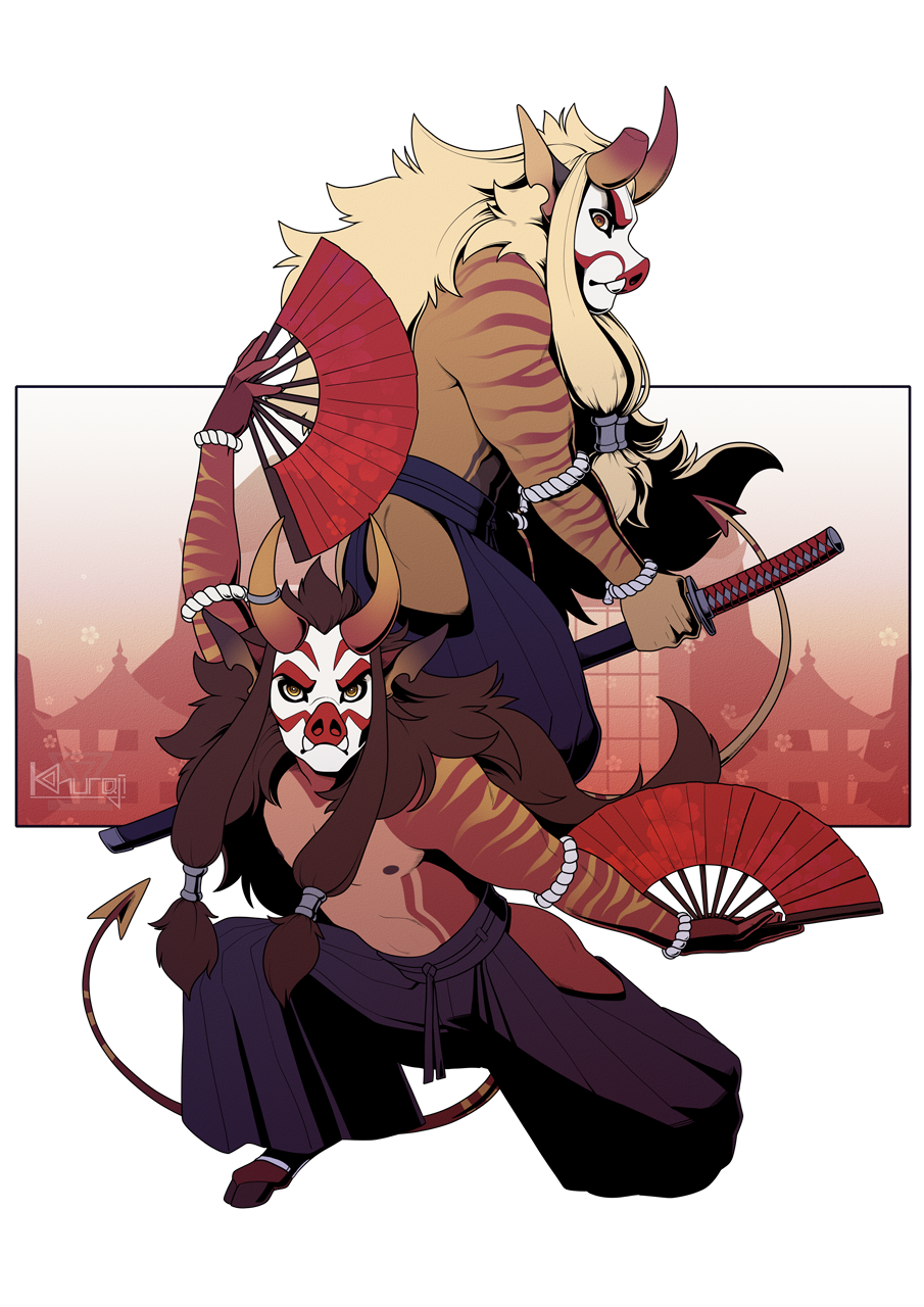 alpha_channel anthro asian_clothing clothed clothing demon digital_media_(artwork) duo east_asian_clothing fur hair hakama hand_fan hi_res holding_object hooves japanese_clothing katana khuraji looking_at_viewer male mammal melee_weapon sibling simple_background standing stripes suid suina sus_(pig) sword teeth topless twins weapon wild_boar