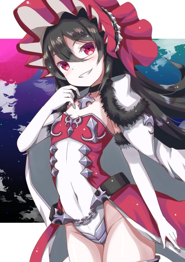 1girl akiyasu bangs black_choker black_hair cape choker covered_navel elbow_gloves eyebrows_visible_through_hair fur-trimmed_cape fur-trimmed_gloves fur_trim gloves grin groin hair_between_eyes ilya_ornstein leotard long_hair princess_connect! princess_connect!_re:dive red_eyes smile solo very_long_hair white_cape white_gloves white_leotard