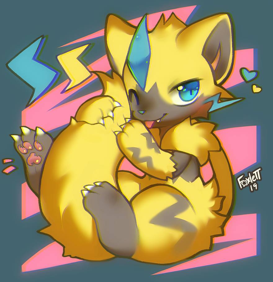 &lt;3 2019 ambiguous_gender black_markings blue_eyes blue_markings blue_nose claws fangs foxlett legendary_pok&eacute;mon markings nintendo one_eye_closed pawpads pok&eacute;mon pok&eacute;mon_(species) sitting toe_claws video_games wink yellow_body zeraora