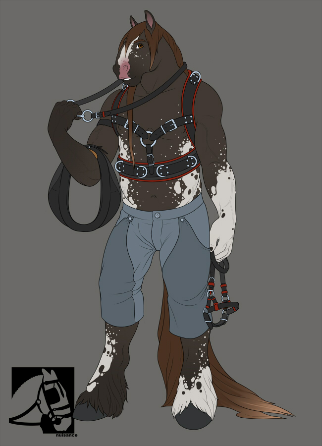 2013 anthro biped bottomwear brown_body brown_eyes brown_fur brown_hair brown_nipples brown_tail clothed clothing digital_media_(artwork) equid equine front_view full-length_portrait fur grey_background grey_bottomwear grey_clothing grey_hooves grey_pants hair harness holding_object hooves horse looking_at_viewer male mammal multicolored_body multicolored_fur navel nipples nuisance pants portrait simple_background smile solo standing two_tone_body two_tone_fur white_body white_fur