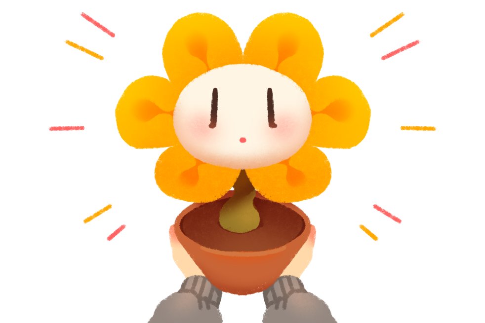 2019 ambiguous_gender blush digital_media_(artwork) disembodied_hand dot_eyes duo elemental_creature emanata flora_fauna flower flower_pot flowey_the_flower green_body holding_object hyeing02 living_flower looking_at_viewer not_furry plant simple_background solo_focus undertale video_games white_background white_body yellow_body
