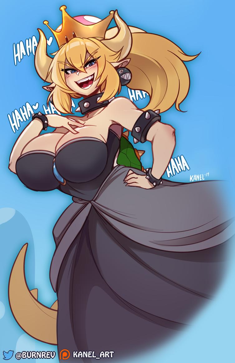 1girl black_dress blonde_hair blue_eyes bowsette bracelet breasts cleavage collar collarbone dress earrings hand_on_hip horns jewelry kanel large_breasts laughing long_hair mario_(series) new_super_mario_bros._u_deluxe open_mouth pointy_ears ponytail solo spiked_armlet spiked_bracelet spiked_collar spiked_shell spikes strapless strapless_dress super_crown tagme tail