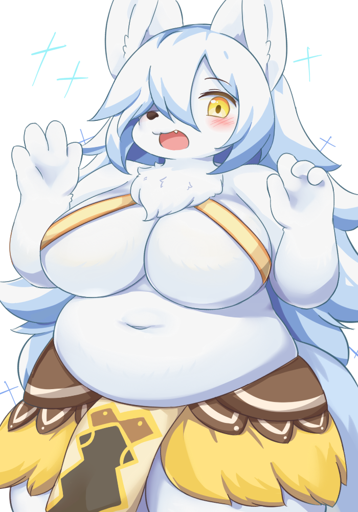 1girl animal_ears blush breasts commentary_request copyright_request cowboy_shot eigetsu fang fat huge_breasts long_hair looking_at_viewer navel open_mouth simple_background solo sparkle white_background white_fur white_hair yellow_eyes