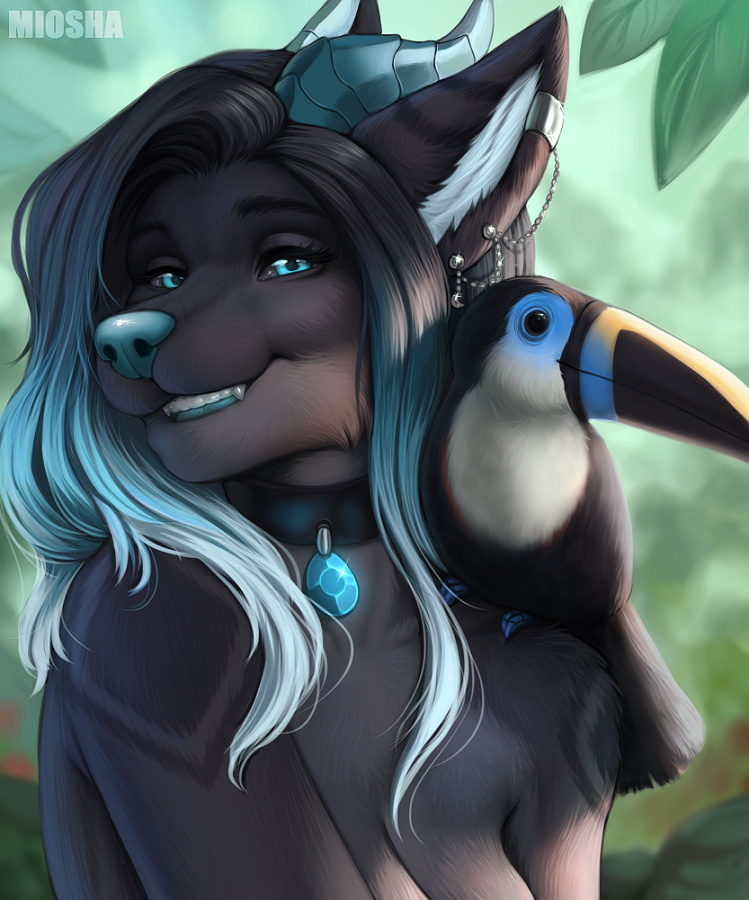 2020 anthro avian beak bird black_beak black_body black_fur black_hair blue_eyes blue_hair blurred_background breasts canid canine day detailed_background digital_media_(artwork) eyebrows eyelashes female fur gradient_hair hair hybrid jewelry mammal miosha necklace nude outside toucan uo