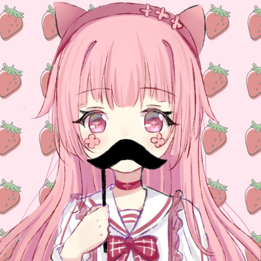 +_+ 1girl bangs blush bow commentary_request covered_mouth eyebrows_visible_through_hair facial_mark fake_facial_hair fake_mustache food fruit hairband holding long_hair long_sleeves looking_at_viewer original pink_background pink_hair purple_eyes red_bow red_hairband sailor_collar satori_(ymoy) shirt solo strawberry upper_body white_sailor_collar white_shirt