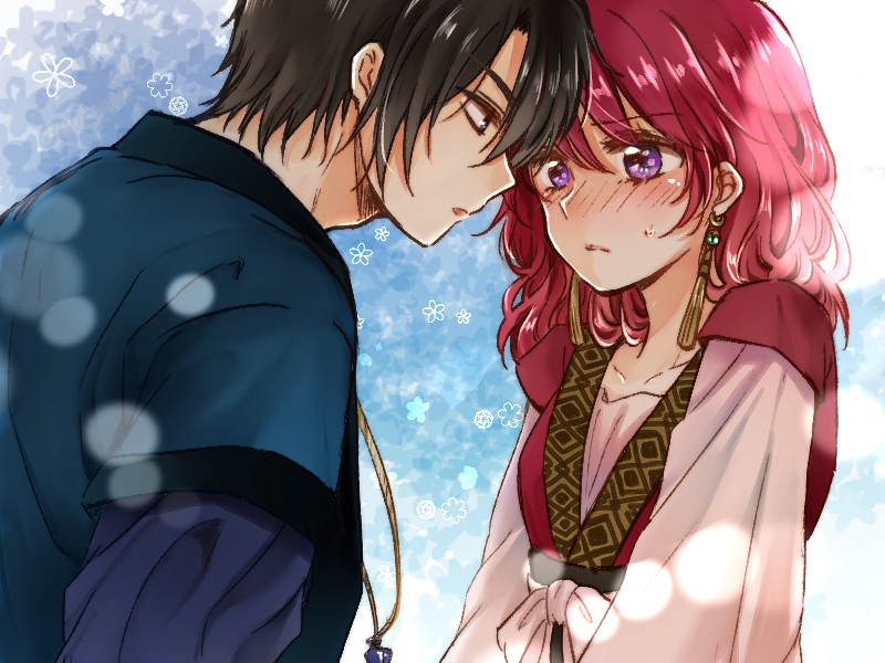 1boy 1girl akatsuki_no_yona aminyao black_hair blush closed_mouth collarbone couple eye_contact hak_(akatsuki_no_yona) imminent_kiss long_hair long_sleeves looking_at_another purple_eyes red_hair shiny shiny_hair short_over_long_sleeves short_sleeves sketch sweatdrop yona_(akatsuki_no_yona)