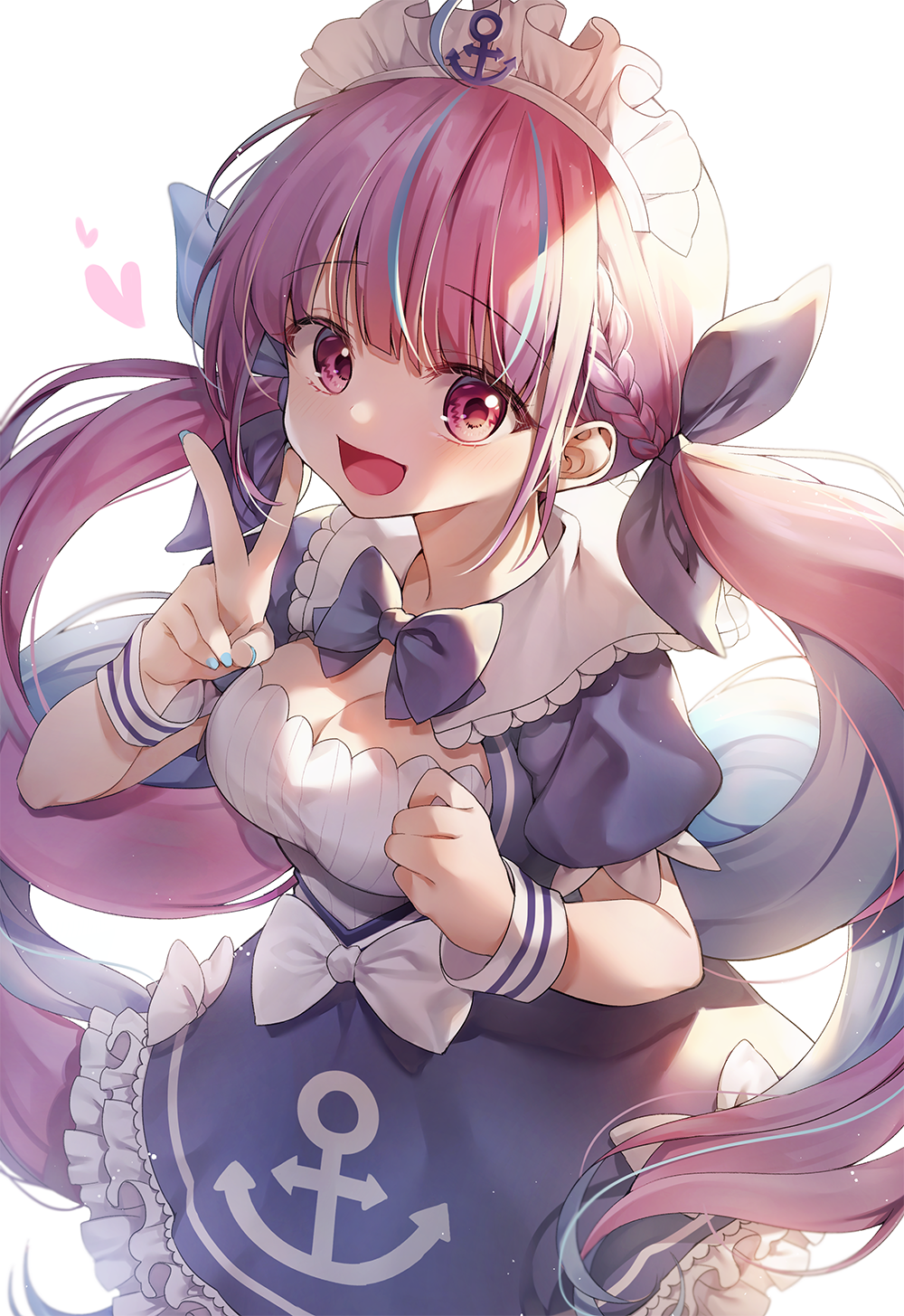 1girl :d anchor_symbol bangs blue_hair blue_nails blue_neckwear blunt_bangs blush bow bowtie breasts chyoling cleavage eyebrows_visible_through_hair heart highres hololive long_hair looking_at_viewer maid_headdress medium_breasts minato_aqua multicolored_hair nail_polish open_mouth pink_eyes pink_hair simple_background smile solo streaked_hair twintails v virtual_youtuber white_background