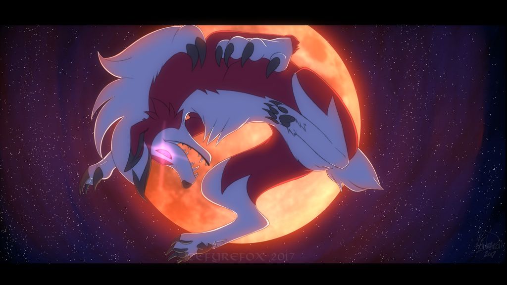 16:9 2017 black_nose black_pawpads canid canine claws fingers full_moon fur glowing glowing_eyes hair icefyrefox lycanroc mammal midnight_lycanroc moon nintendo open_mouth open_smile pawpads pink_eyes pok&eacute;mon pok&eacute;mon_(species) red_body red_fur sharp_teeth signature small_tail smile star teeth toe_claws video_games white_body white_fur widescreen