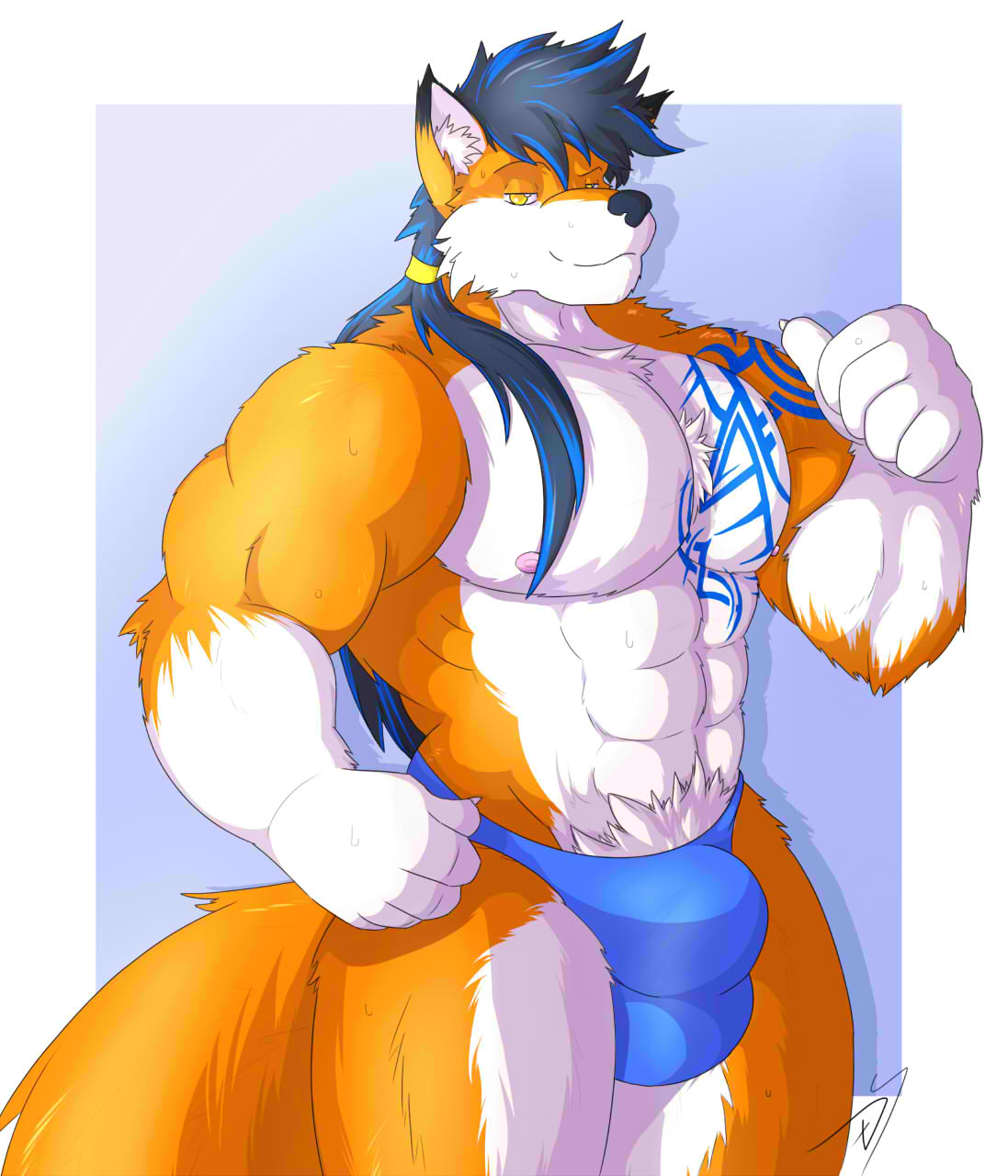 alty anthro bulge canid canine clothing dragonslash fox fur hair hi_res long_hair male mammal muscular muscular_male orange_body orange_fur solo speedo swimwear