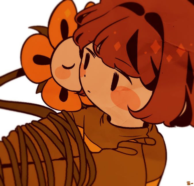 2020 ambiguous_gender arms_tied black_eyes blush blush_stickers bound brown_hair chara_(undertale) clothing duo elemental_creature eyes_closed flora_fauna flower flowey_the_flower green_clothing green_shirt green_topwear hair human hyeing02 kissing_cheek living_flower mammal not_furry plant shirt simple_background topwear undertale video_games white_background yellow_body