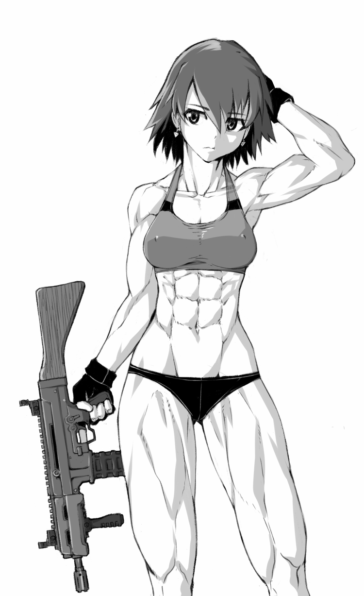 1girl abs arm_up armpits assault_rifle collarbone earrings ebr-kii gloves greyscale gun highres holding holding_gun holding_weapon jewelry monochrome muscle muscular_female navel original rifle short_hair solo sports_bra stomach tagme underwear weapon