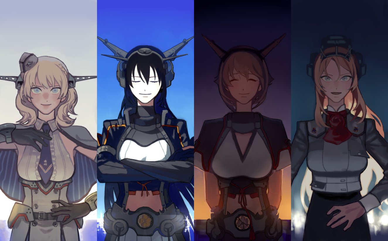 4girls bangs birdry black_gloves black_hair blonde_hair blue_eyes blue_neckwear braid breasts brown_hair capelet colorado_(kantai_collection) crossed_arms elbow_gloves french_braid garrison_cap gloves hat headgear kantai_collection long_hair long_sleeves multiple_girls mutsu_(kantai_collection) nagato_(kantai_collection) necktie nelson_(kantai_collection) open_mouth red_neckwear remodel_(kantai_collection) short_hair short_sleeves skirt sleeveless smile