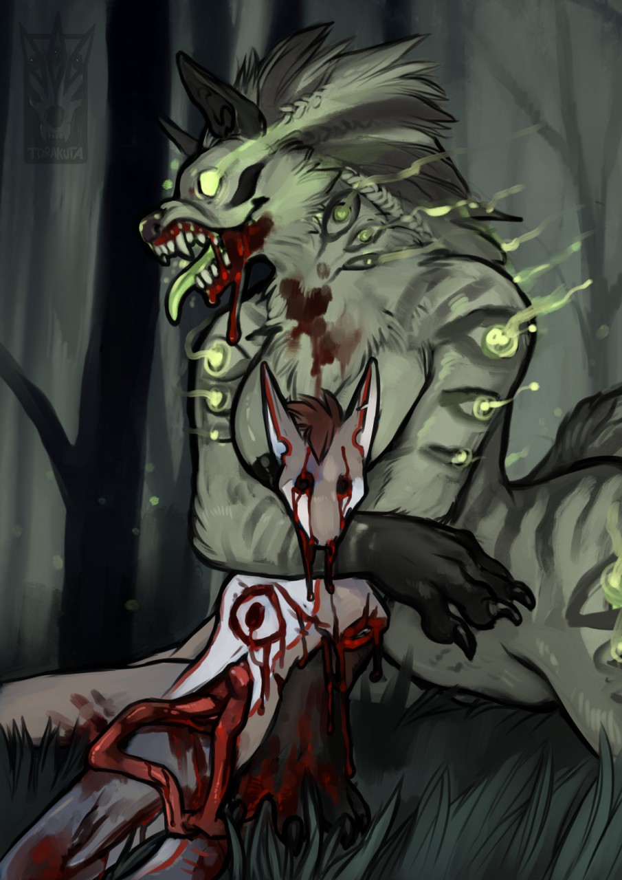 5_fingers amputation anthro blood blood_on_mouth bodily_fluids cannibalism claws death detailed_background digital_media_(artwork) duo female fingers fish fur glowing gore guts hair hard_vore hi_res hyaenid intestines male mammal marine open_mouth shark snuff striped_hyena teeth tongue tongue_out torakuta torakuta_(character) vore
