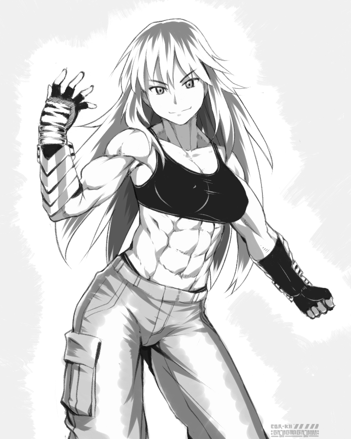 1girl abs black_sports_bra breasts cargo_pants cleavage clenched_hand collarbone ebr-kii eyebrows_visible_through_hair gauntlets gloves long_hair looking_at_viewer midriff monochrome muscle muscular_female navel original pants pose simple_background smile solo sports_bra tagme
