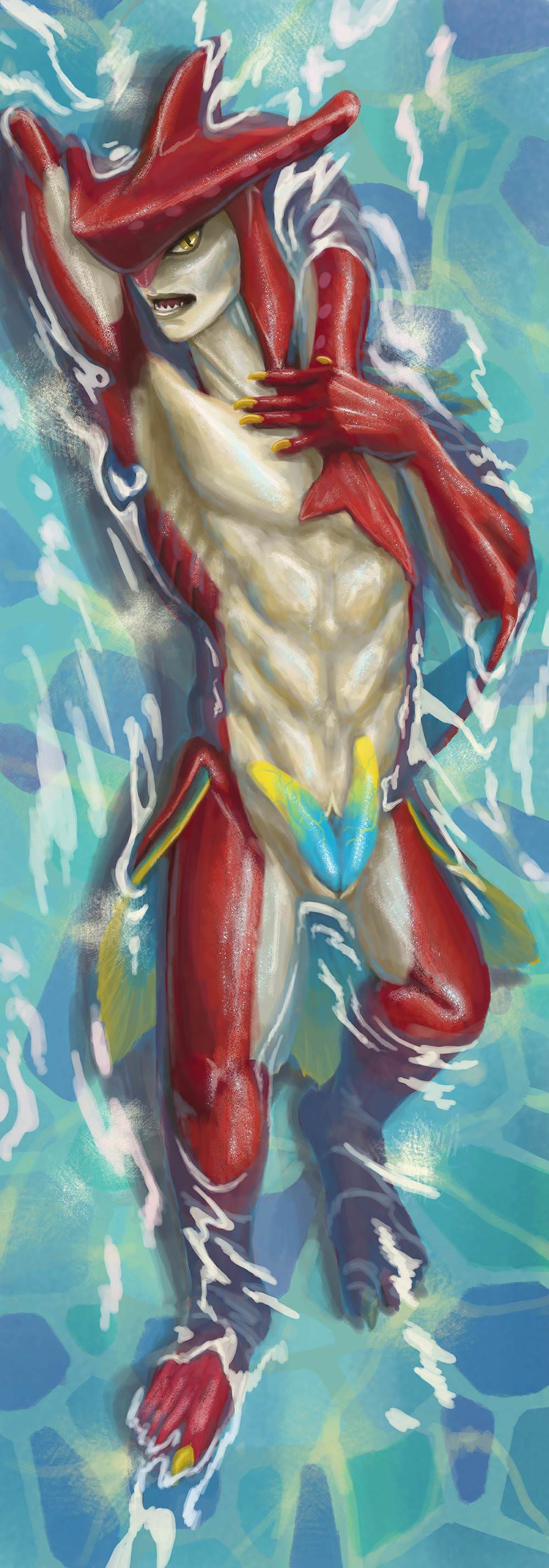 5_fingers 5_toes abs absurd_res animal_genitalia animal_penis anthro blue_penis breath_of_the_wild claws dakimakura_design dragon_fluff_studios erection fin fingers genital_slit genitals hemipenes hi_res holding_tail lying male membrane_(anatomy) multi_genitalia multi_penis multicolored_penis nintendo nude on_back open_mouth penis prince_sidon red_body ribs sharp_teeth slit slit_pupils tail_fin tail_over_back teeth the_legend_of_zelda toe_claws toes two_tone_penis vein veiny_penis video_games water webbed_feet webbed_hands white_body yellow_claws yellow_eyes yellow_penis