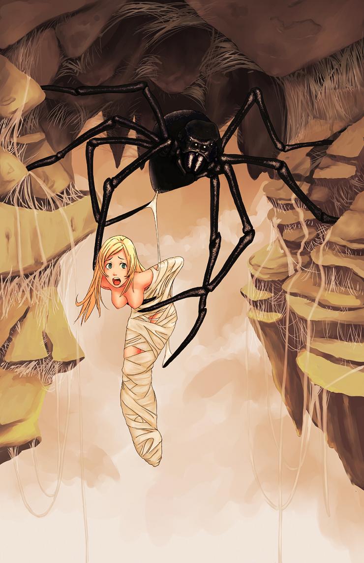 arachnid arms_behind_back artist_request bdsm blonde_hair bondage bound breasts bug captured cocoon encasement extra_eyes giant_spider green_eyes long_hair multiple_legs nude open_mouth original restrained rock scared silk spider spider_legs spider_web trapped