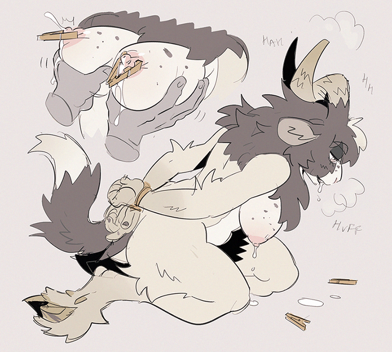 ambiguous_gender anthro bodily_fluids bound bovid breast_grab breasts caprine digital_media_(artwork) drooling duo female fur goat hand_on_breast hands_tied hooves lactating mammal milk murkbone nipple_clamp nipples rope saliva simple_background solo solo_focus