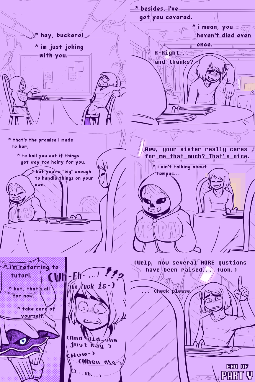 2:3 alternate_universe blush bodily_fluids bone bottomwear bulge clothing comic comic_(under(her)tail) english_text female furniture glowing glowing_eyes hi_res hoodie human humanoid male mammal profanity protagonist_(tas) sans_(undertale) sitting skeleton skirt sweat table text thewill topwear under(her)tail undertale video_games
