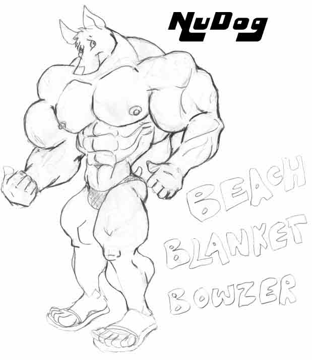 2002 abs anthro black_and_white canid canine canis clothing domestic_dog footwear gesture male mammal monochrome muscular muscular_male nipples nudog pecs pit_bull plantigrade sandals sketch solo speedo swimwear thumbs_up