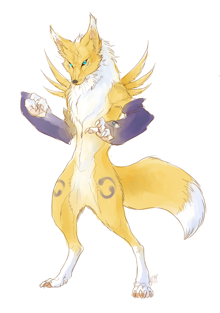 2014 ambiguous_gender anthro black_sclera blue_eyes canid canine claws dewclaw digimon digimon_(species) ear_tuft fur kerneinheit mammal markings pawpads purple_markings renamon signature standing toe_claws tuft whiskers white_body white_fur yellow_body yellow_fur