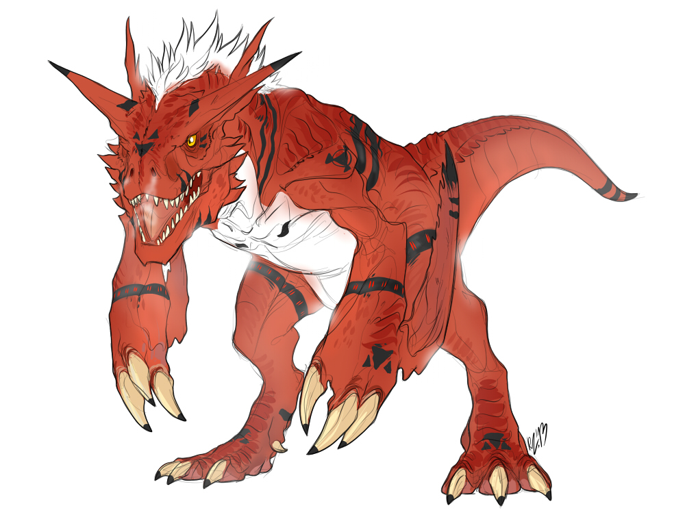 2013 black_markings claws digimon digimon_(species) dinosaur feral growlmon hair kerneinheit markings open_mouth red_body red_scales reptile scales scalie sharp_teeth signature simple_background teeth toe_claws tongue white_background white_hair yellow_eyes