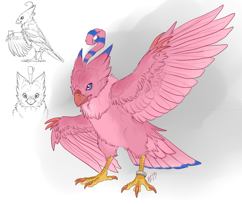 ambiguous_gender avian beak biyomon blue_eyes blue_markings claws cup digimon digimon_(species) feather_tuft feathered_wings feathers feral holding_object kerneinheit markings pink_body pink_feathers red_claws ring standing tail_feathers toe_claws tuft wings