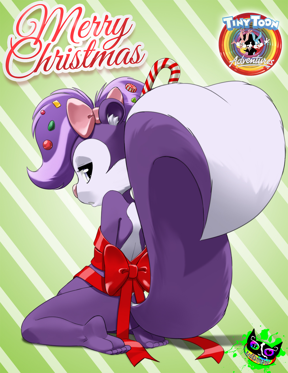 anthro bow candy candy_cane candy_hair christmas ear_tuft eyelashes female fifi_la_fume food fur green_background hair hi_res holidays looking_back mammal mephitid pink_nose purple_body purple_fur purple_hair ribbons signature silent-sid_1992 simple_background sitting skunk tiny_toon_adventures toes tuft warner_brothers white_body white_fur