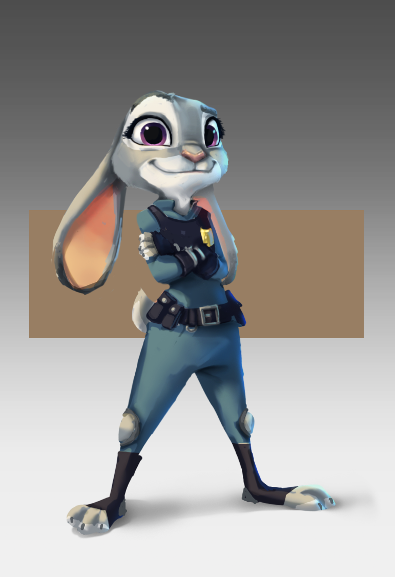 2016 anthro belt clothed clothing crossed_arms disney ears_down fully_clothed fur gradient_background grey_background grey_body grey_fur judy_hopps lagomorph leporid mammal pink_nose pivoted_ears police_uniform pose purple_eyes rabbit ruffu simple_background smile solo standing uniform zootopia