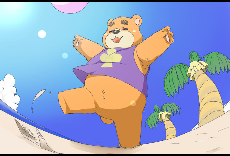 2020 animal_crossing anthro beach black_nose brown_body brown_fur chibi clothing detailed_background eyes_closed fur inunoshippo kemono male mammal nintendo outside seaside shirt slightly_chubby solo teddy_(animal_crossing) topwear ursid video_games water