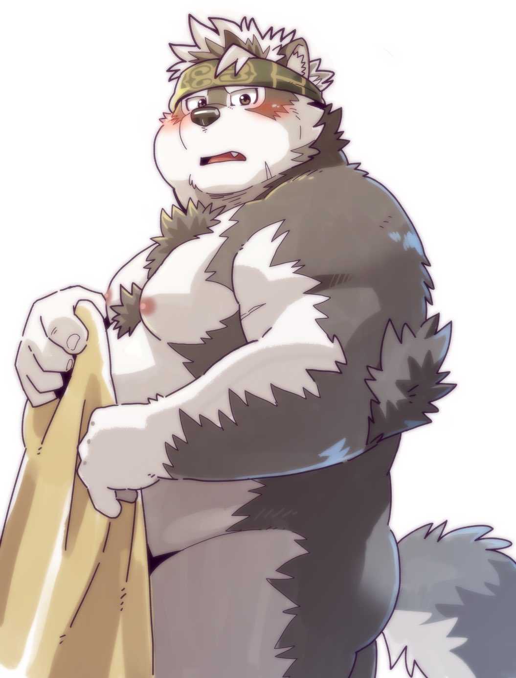 2019 anthro belly blush butt canid canine canis garouzuki hi_res horkeukamui humanoid_hands male mammal moobs nipples overweight overweight_male simple_background solo tokyo_afterschool_summoners towel video_games white_background wolf