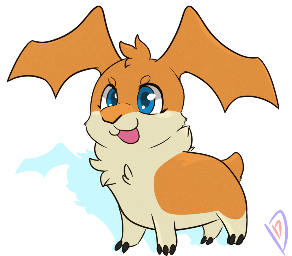 ambiguous_gender bat_wings blue_eyes digimon digimon_(species) eyelashes feral fur head_wings mammal membrane_(anatomy) membranous_wings orange_body orange_fur patamon rodent shadow smile solo tongue wings