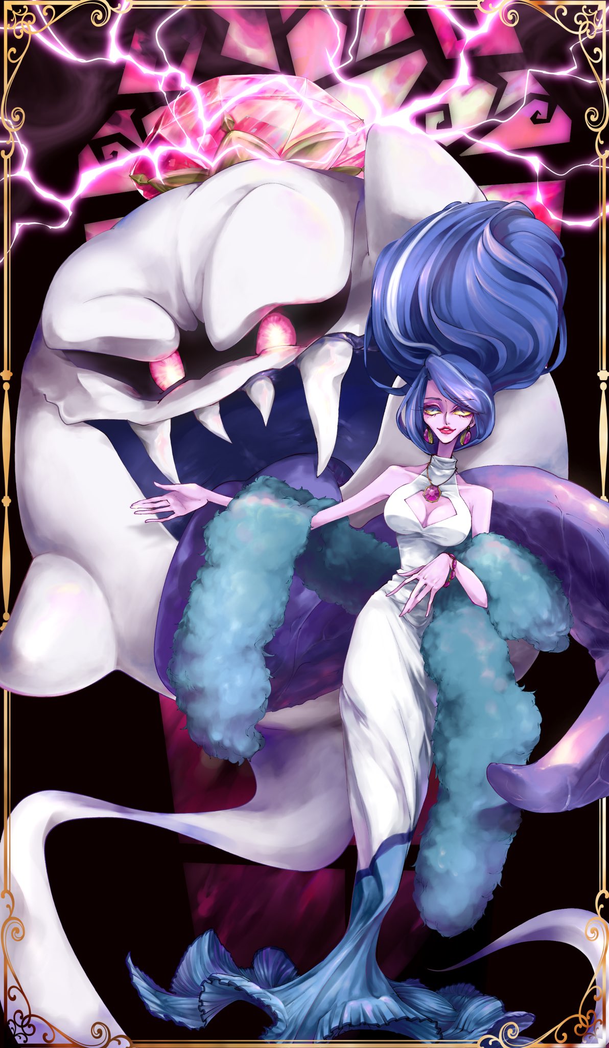 1girl bare_shoulders blue_hair bracelet breasts cleavage cleavage_cutout crown dress earrings feather_boa ghost hellen_gravely highres jewelry king_boo licker610 lightning long_tongue luigi's_mansion luigi's_mansion_3 necklace purple_skin purple_tongue red_eyes sharp_teeth teeth tongue white_dress yellow_eyes