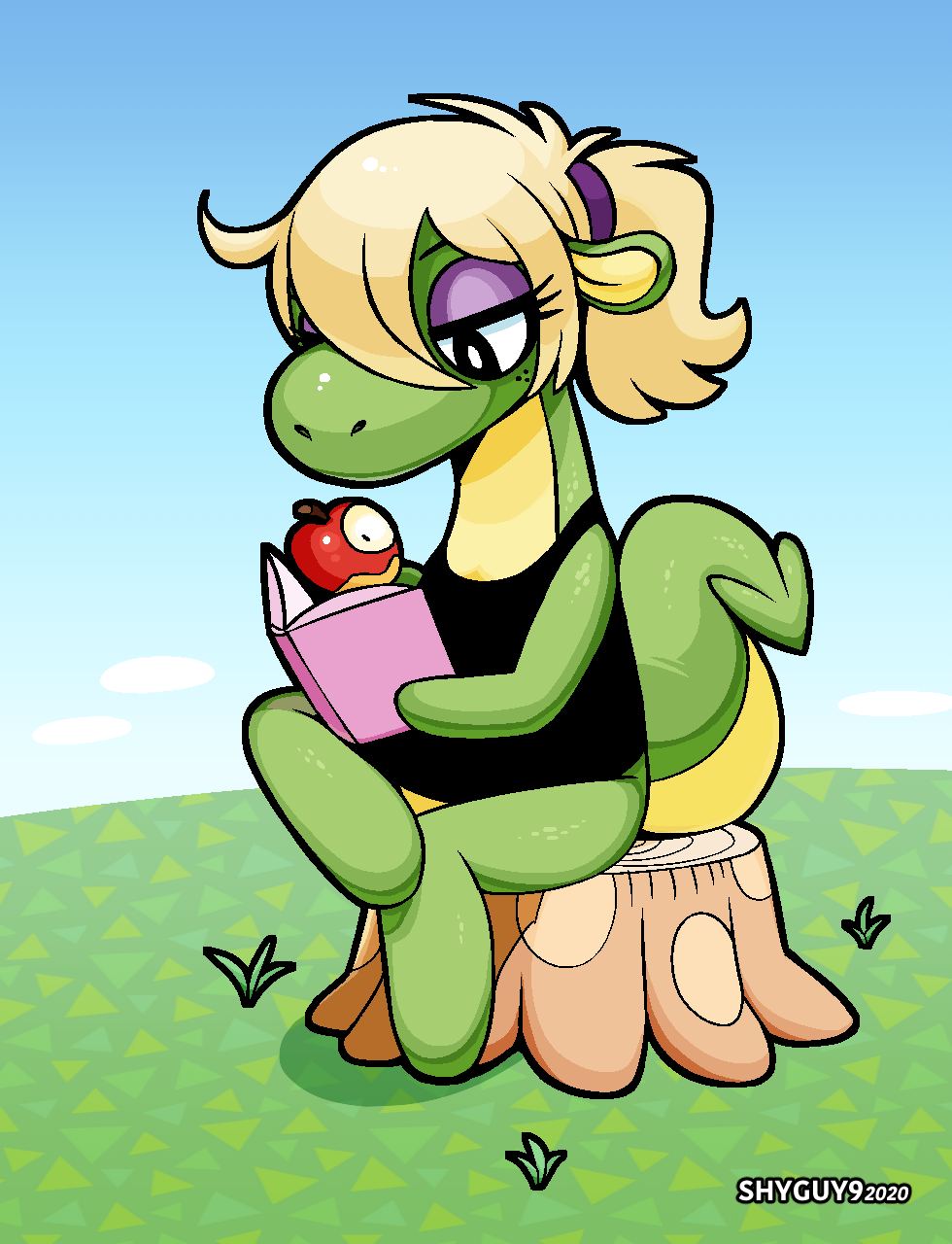 alternate_form animal_crossing anthro apple bottomless clothed clothing dragon eyeshadow fan_character female food fruit hair hi_res long_neck makeup nintendo outside plant ponytail reading shyguy9 solo sophie_(shyguy9) stump video_games