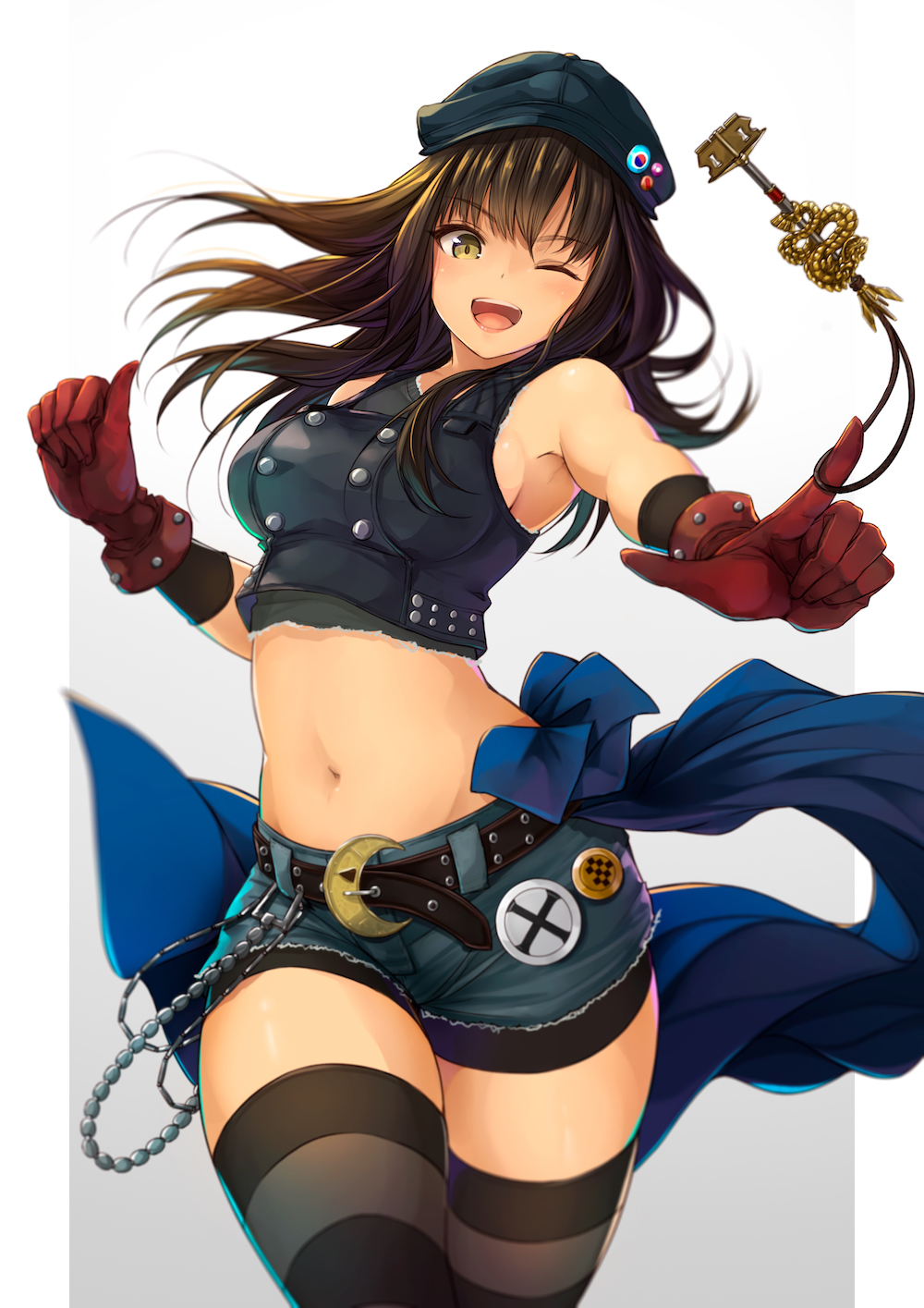 .sin 1girl ;d bangs bare_shoulders belt belt_chain bike_shorts bike_shorts_under_shorts black_belt black_hair black_headwear black_legwear breasts brown_hair cabbie_hat chain commentary_request crescent crescent_moon_pin crop_top denim denim_shorts eyebrows_visible_through_hair final_fantasy final_fantasy_vii final_fantasy_vii_remake gloves grey_background hat hat_ornament highres key kyrie_canaan large_breasts long_hair looking_at_viewer medium_breasts midriff navel one_eye_closed open_mouth pointing pointing_at_viewer red_gloves short_shorts shorts shorts_under_skirt simple_background sleeveless smile solo stomach striped striped_legwear thighhighs upper_teeth white_background yellow_eyes