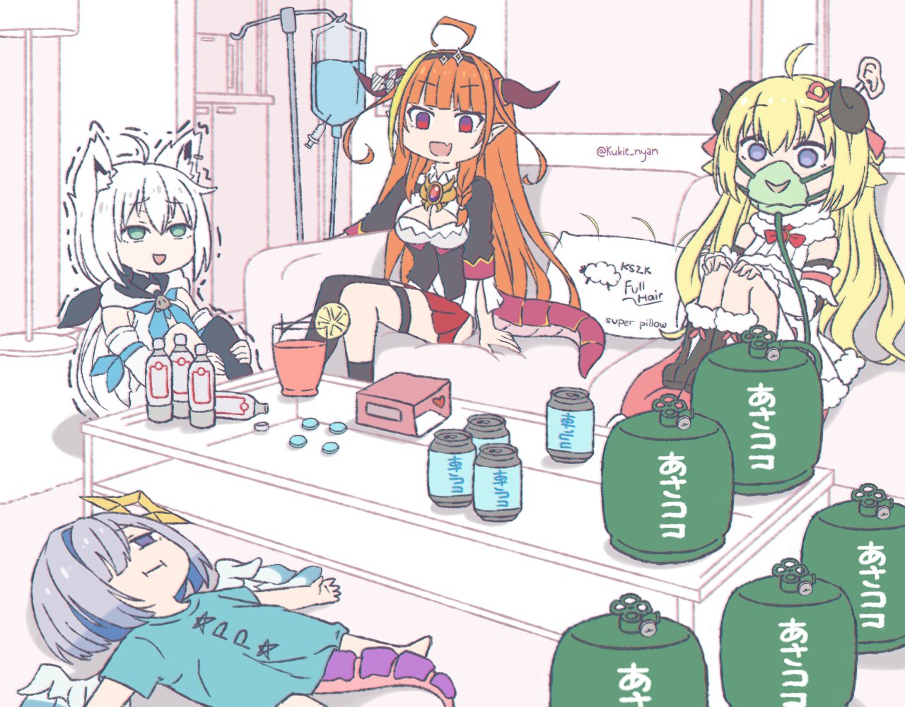 4girls :i ahoge amane_kanata angel_wings animal_ear_fluff animal_ears armband artist_name bangs barefoot black_footwear black_jacket black_legwear blonde_hair blue_eyes blue_hair blue_shirt blunt_bangs boots bottle bow box breasts brooch canister chibi cleavage_cutout collared_shirt commentary couch detached_sleeves diagonal-striped_bow diagonal_stripes dragon_horns dragon_tail dress drink english_commentary english_text eyebrows_visible_through_hair fake_tail fang flat_chest food fox_ears fox_tail fruit full_body fur-trimmed_boots fur-trimmed_dress fur_trim hair_between_eyes hair_ornament hair_over_one_eye hairband hairclip halo hip_vent hololive horn_bow horns indoors intravenous_drip jacket jewelry kiryuu_coco knees_to_chest kukie-nyan leg_hug lemon lemon_slice long_hair lying medium_breasts miniskirt multicolored_hair multiple_girls on_back open_mouth orange_hair oxygen_mask oxygen_tank pleated_skirt pointy_ears purple_eyes red_eyes red_skirt sheep_ears sheep_horns shirakami_fubuki shirt short_hair silver_hair single_thighhigh sitting skirt smile streaked_hair striped syringe t-shirt tail thigh_strap thighhighs trembling triangle_mouth tsunomaki_watame twitter_username two-tone_hair virtual_youtuber white_dress white_hair white_hoodie white_shirt wings wool