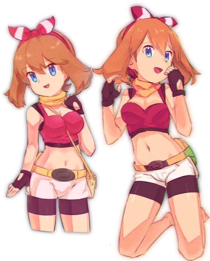 1girl bike_shorts blue_eyes breasts brown_hair cleavage gloves groin hair_ribbon haruka_(pokemon) long_hair looking_at_viewer midriff navel nyonn24 open_mouth pokemon pokemon_(game) pokemon_oras ribbon shorts simple_background sleeveless smile solo white_background