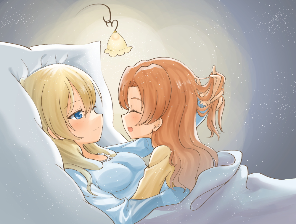 2girls alternate_hairstyle bangs bed_sheet blonde_hair blue_eyes blue_nightgown closed_eyes commentary cuddling darjeeling_(girls_und_panzer) from_side girls_und_panzer hair_down half-closed_eyes hand_in_another's_hair light light_particles long_hair long_sleeves looking_at_another lying multiple_girls nightgown on_back on_bed on_person open_mouth orange_hair orange_pekoe_(girls_und_panzer) pillow rebirth42000 smile yellow_nightgown yuri