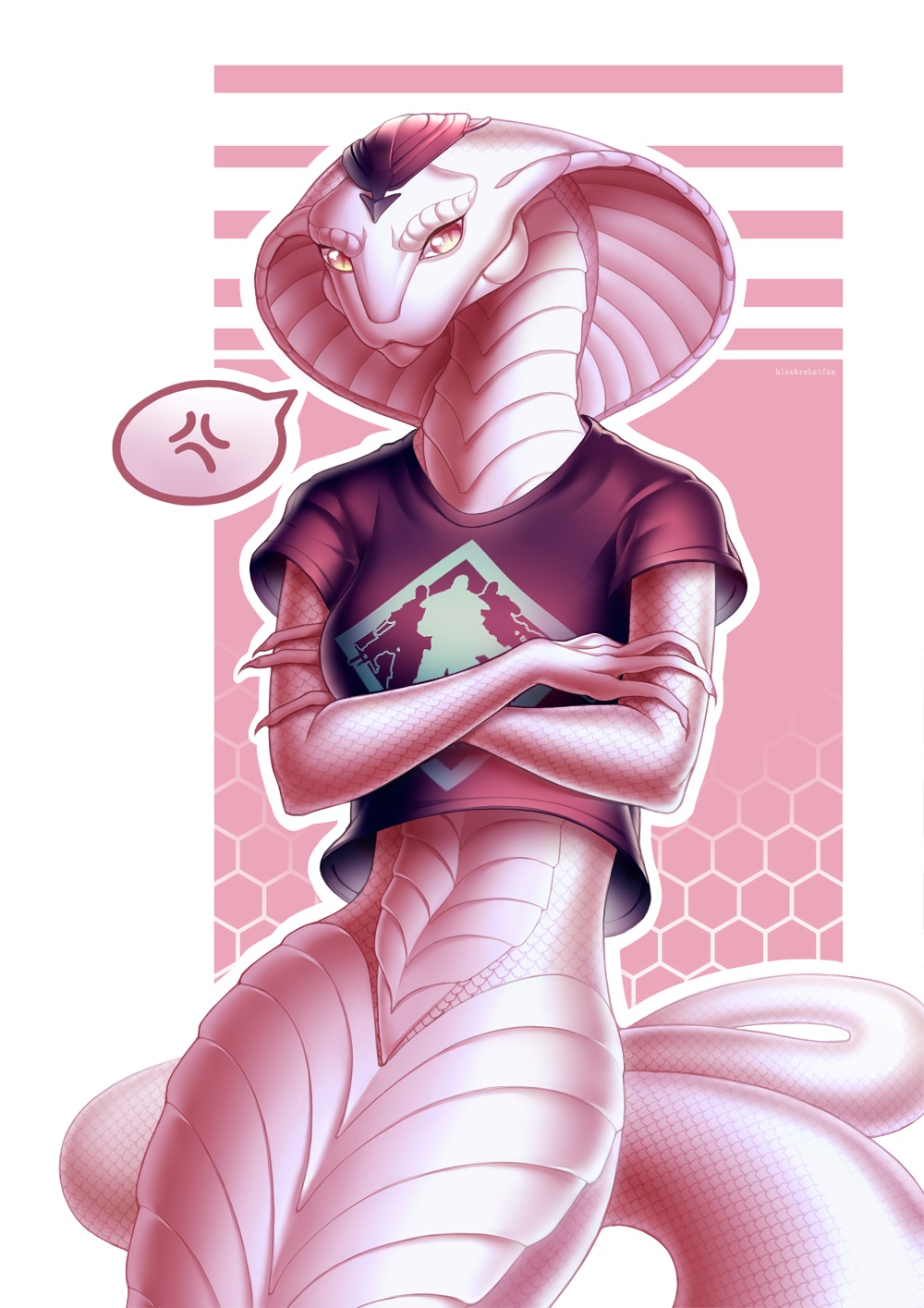 agent_torque anthro blackrobotfox_(artist) bottomless breasts claws clothed clothing crossed_arms female fingers headgear headwear hi_res looking_at_viewer naga non-mammal_breasts reptile scalie serpentine shirt snake snake_hood solo speech_bubble t-shirt topwear video_games viper_(x-com) x-com x-com:_chimera_squad