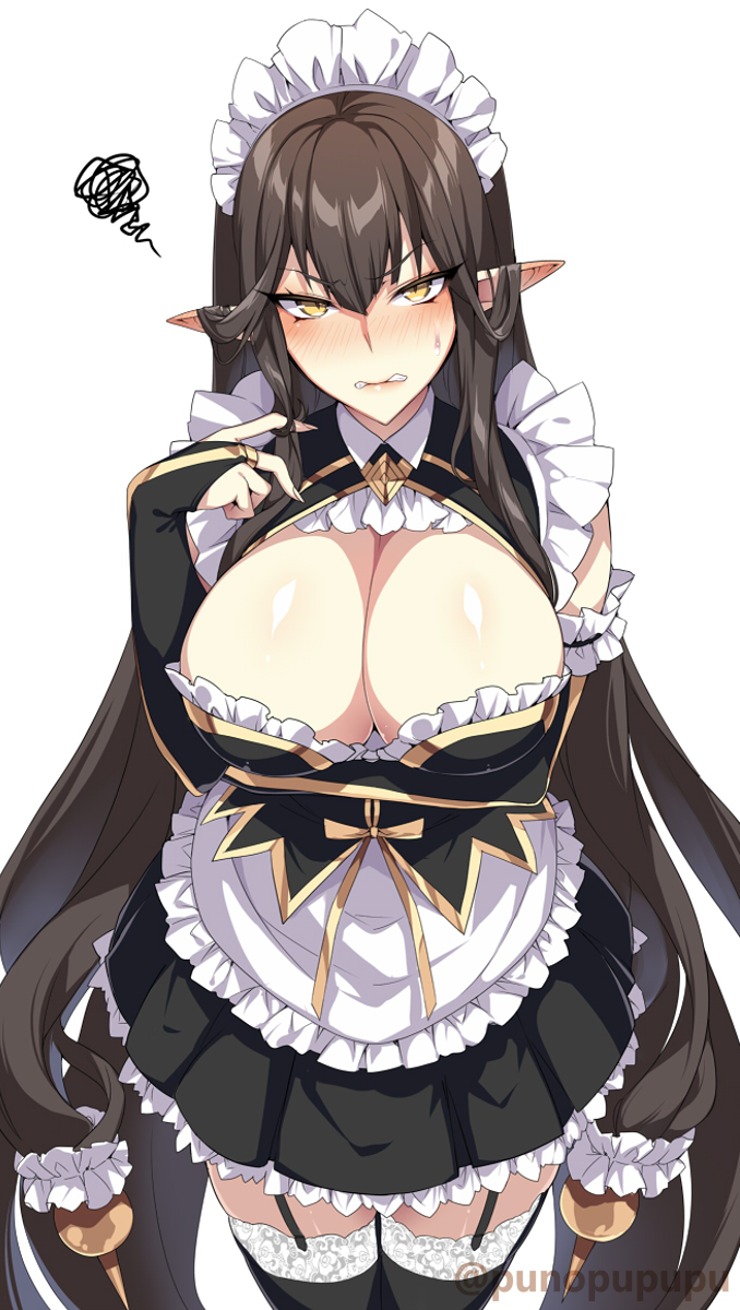 1girl alternate_costume apron black_dress black_legwear blush breasts bridal_gauntlets brown_hair cleavage cleavage_cutout clenched_teeth detached_sleeves dress enmaided fate/apocrypha fate_(series) frills garter_straps highres large_breasts long_hair looking_at_viewer maid maid_headdress nose_blush pointy_ears semiramis_(fate) sidelocks simple_background solo teeth thighhighs very_long_hair waist_apron white_apron white_background yellow_eyes zeroshiki_kouichi