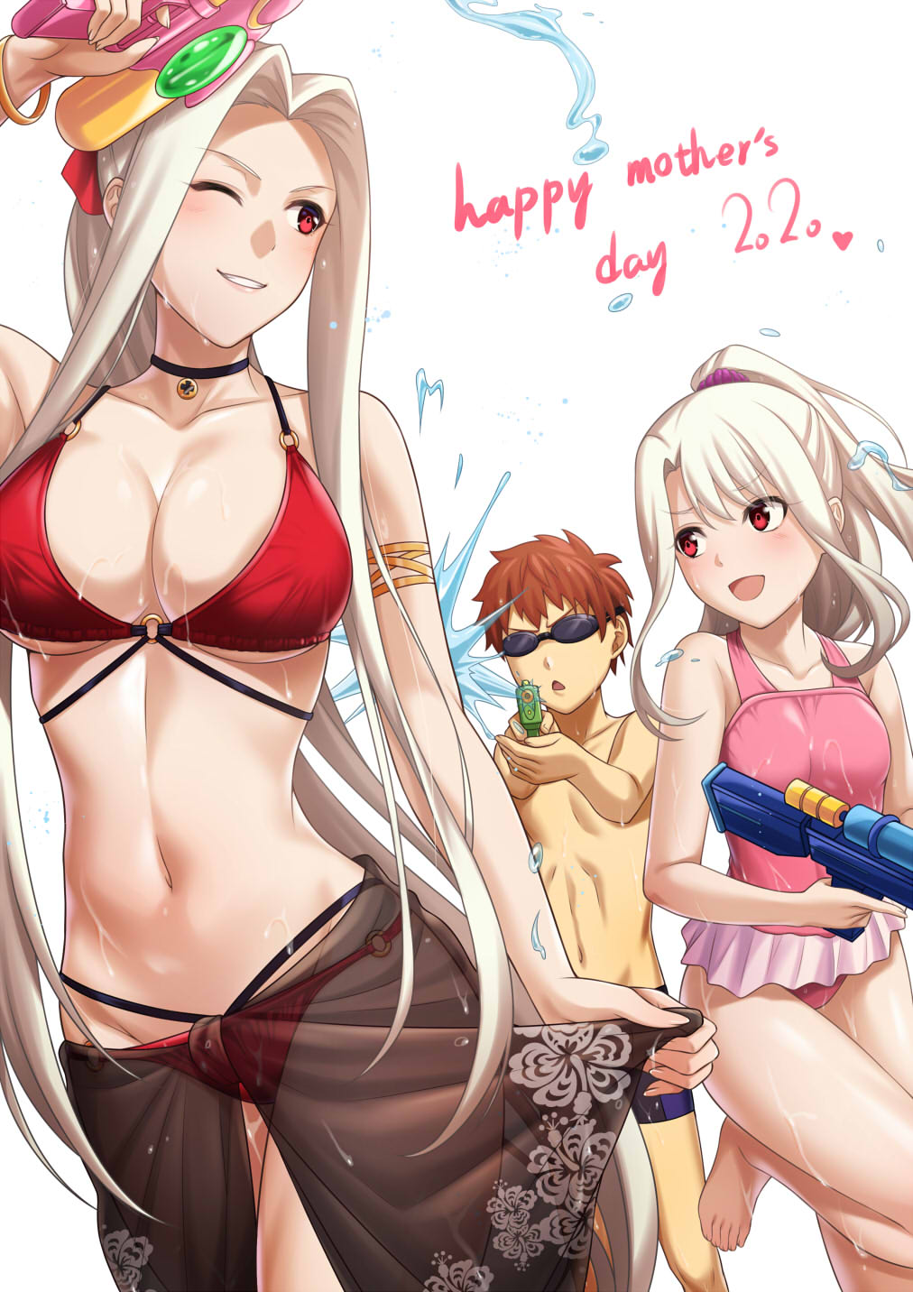 1boy 2girls armlet bangs bare_shoulders bikini blush breasts choker cleavage collarbone emiya_shirou fate/stay_night fate/zero fate_(series) forehead goggles highres illyasviel_von_einzbern irisviel_von_einzbern large_breasts long_hair mother's_day mother_and_daughter multiple_girls navel one-piece_swimsuit one_eye_closed orange_hair parted_bangs pink_swimsuit ponytail red_bikini red_eyes sarong shorts sidelocks simple_background smile swimsuit tawagoto_dukai_no_deshi thighs water_gun white_background white_hair