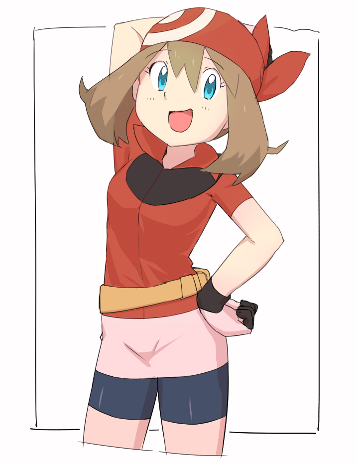 1girl bandana bike_shorts blue_eyes breasts brown_hair commentary gloves haruka_(pokemon) long_hair looking_at_viewer nyonn24 open_mouth pokemon pokemon_(game) pokemon_rse shorts shorts_under_skirt simple_background smile solo white_background