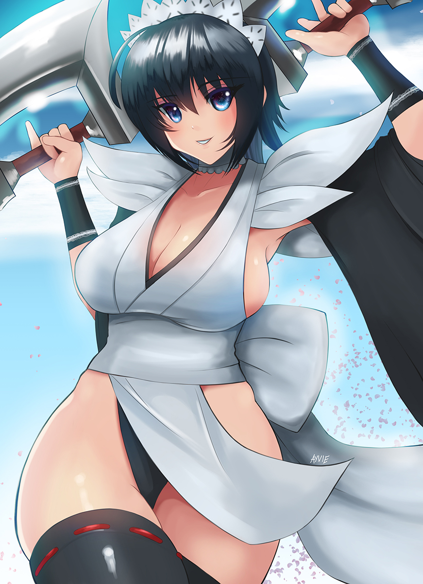 1girl black_hair black_legwear blue_eyes breasts cleavage eropersona eyebrows eyebrows_visible_through_hair highres holding holding_weapon iroha_(samurai_spirits) large_breasts looking_at_viewer maid maid_headdress ribbon-trimmed_legwear ribbon_trim samurai_spirits short_hair smile snk solo thighhighs weapon