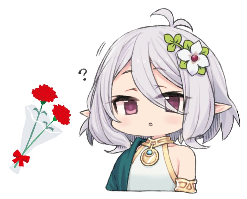 1girl ? antenna_hair bouquet carnation cropped_torso elf flower grey_hair hair_flower hair_ornament kokkoro_(princess_connect!) moru_(monaka) mother's_day parted_lips pointy_ears princess_connect! princess_connect!_re:dive purple_eyes red_carnation red_flower short_hair simple_background solo upper_body white_background