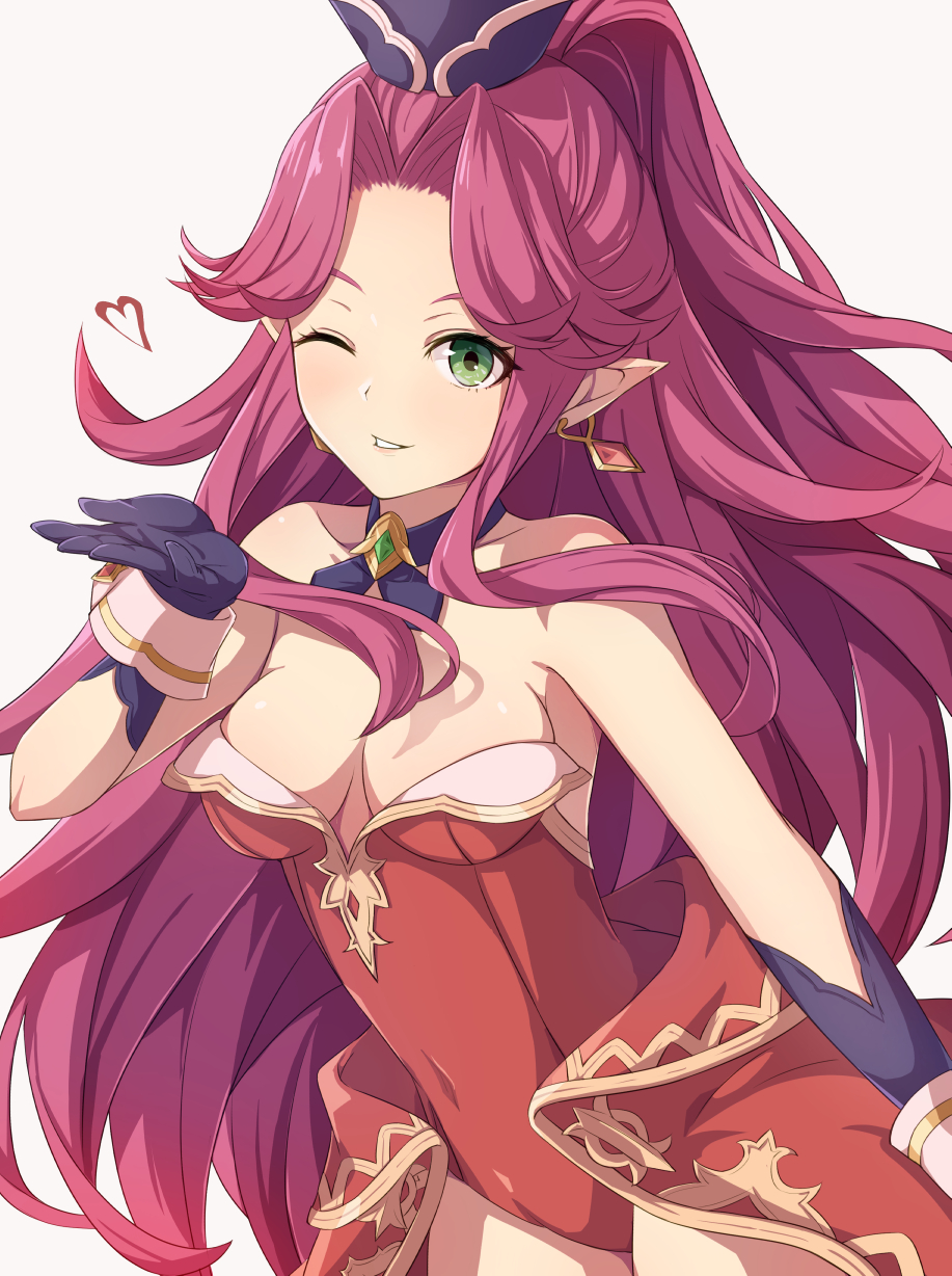 1girl alisia0812 angela_(seiken_densetsu_3) bangs bare_shoulders black_gloves breasts cleavage collarbone covered_navel detached_collar earrings elf forehead gloves green_eyes hand_up heart high_ponytail highres jewelry leotard long_hair looking_at_viewer medium_breasts one_eye_closed parted_bangs parted_lips pointy_ears purple_hair red_leotard seiken_densetsu seiken_densetsu_3 simple_background solo strapless strapless_leotard very_long_hair waist_cape white_background