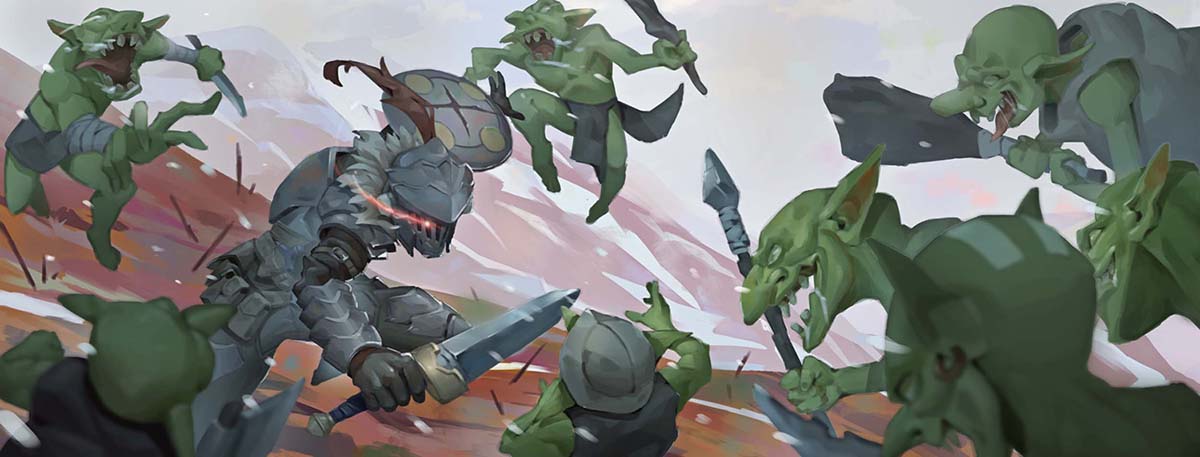 1boy armor battle club drooling fighting full_armor glowing glowing_eye goblin goblin_slayer goblin_slayer! green_skin helmet knight mengshou_hanji monster plume pointy_ears polearm shield spear weapon